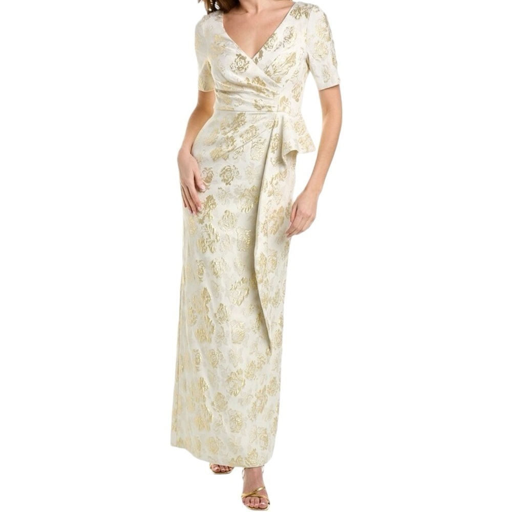 Aidan Mattox NWT V-Neck Pleated Bodice Jacquard Long Gown Ivory & Gold Sz 8 - Picture 6 of 15